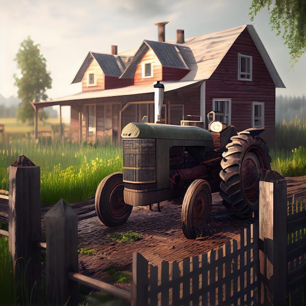 Oude tractor op de boerderij in het dorp 3D illustratie