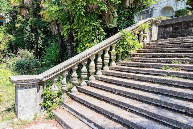 Oude trap met stenen balusters op een achtergrond van groene vegetatie