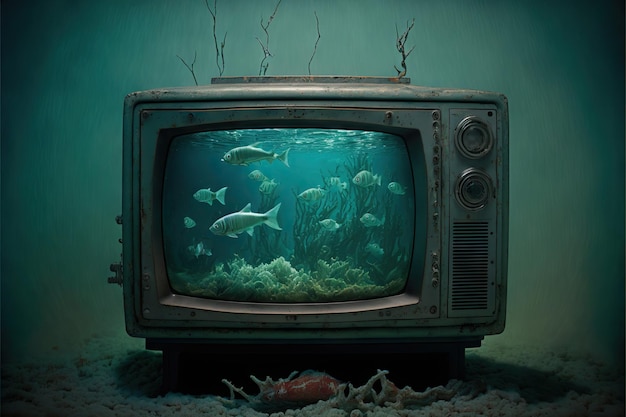 Oude tv onder water met zwemmende vissen gemaakt met generatieve ai