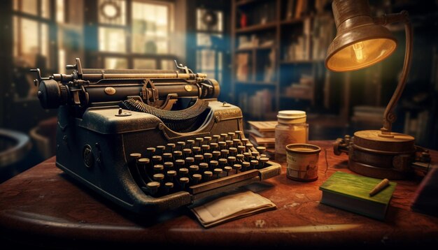 Foto oude typemachine op houten bureau, een nostalgische schrijfmachine gegenereerd door kunstmatige intelligentie