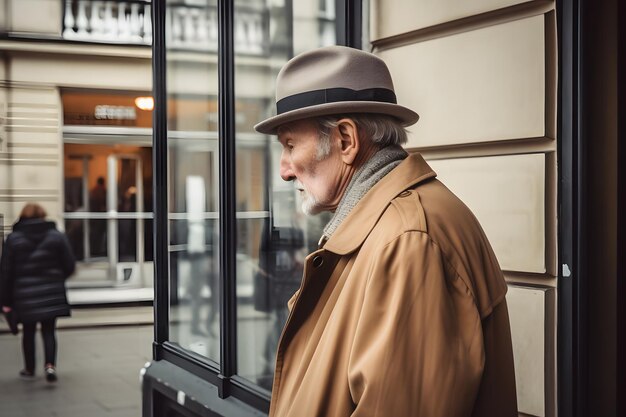 Oude verdrietige vermoeide man op een stadsstraat in de winter echte mensen elke dag leven neurale netwerk ai