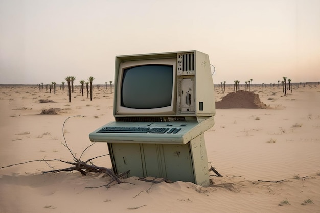 Oude verlaten computer in de woestijntechnologie van het verleden Generatieve AI