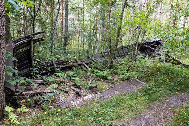 Oude verlaten houten vissersboot in het bos. Bootbegraafplaats bij de Oostzee in Letland