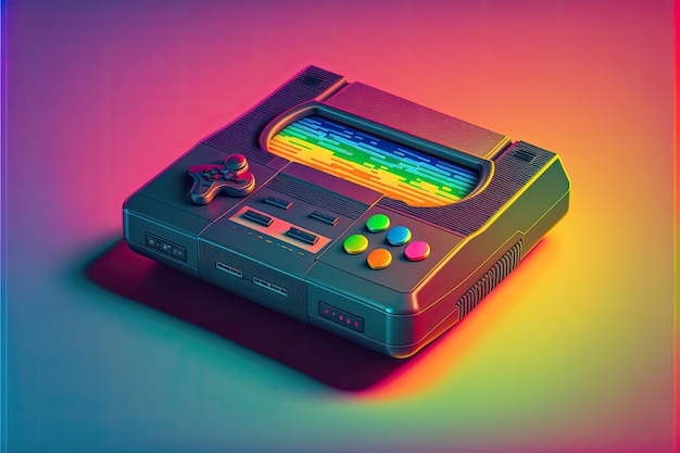 Oude videogame console op regenboog achtergrond digitale illustratie AI
