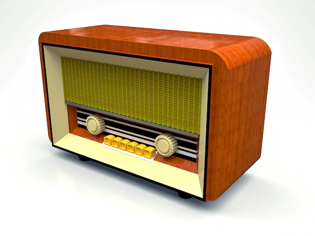 Oude vintage buis radio-ontvanger gemaakt van hout en room plastic op een witte achtergrond. Oude radio uit het midden van de 20e eeuw