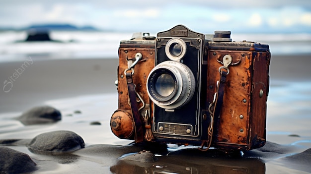 Oude vintage camera op het strand.