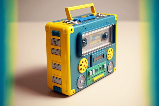 Oude vintage cassettespeler in blauwe en gele kleuren op onscherpe groene achtergrond geïsoleerd op wit