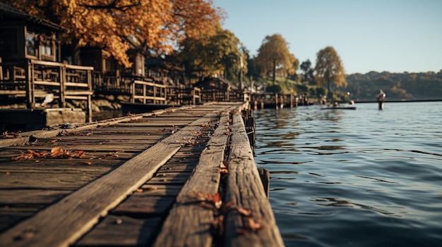 Oude vintage houten brug op het meer in de lente tropische rustige rivier Generatieve AI