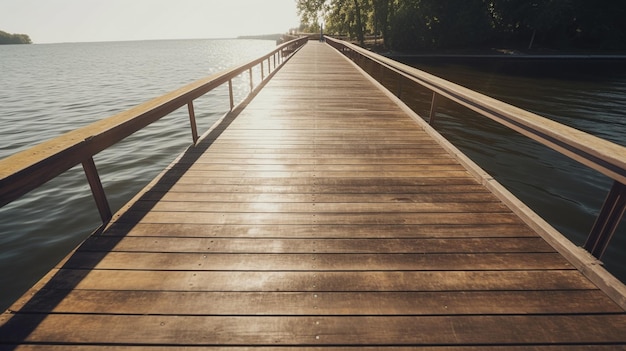 Oude vintage houten brug op het meer in de lente tropische rustige rivier Generatieve AI