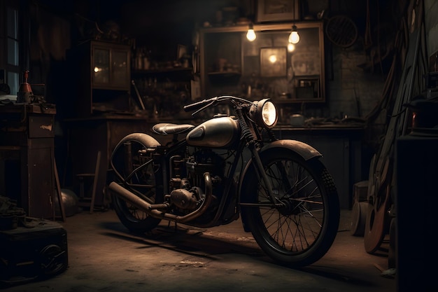 Oude vintage motorfiets in de garage Neuraal netwerk AI gegenereerd