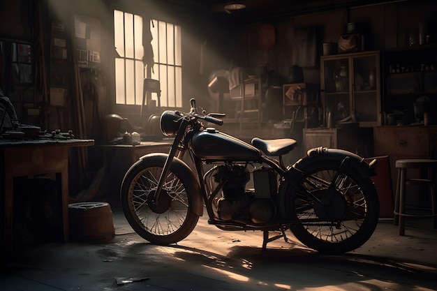 Oude vintage motorfiets in de garage neuraal netwerk ai gegenereerd