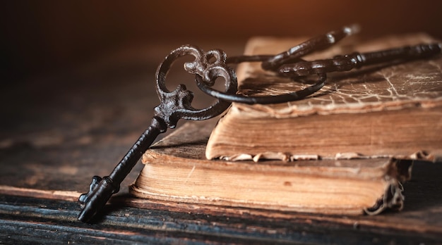 Oude vintage sleutels op een oude gehavende boek houten achtergrond