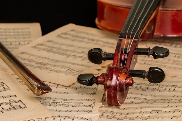 Oude viool die op het blad van muziek ligt