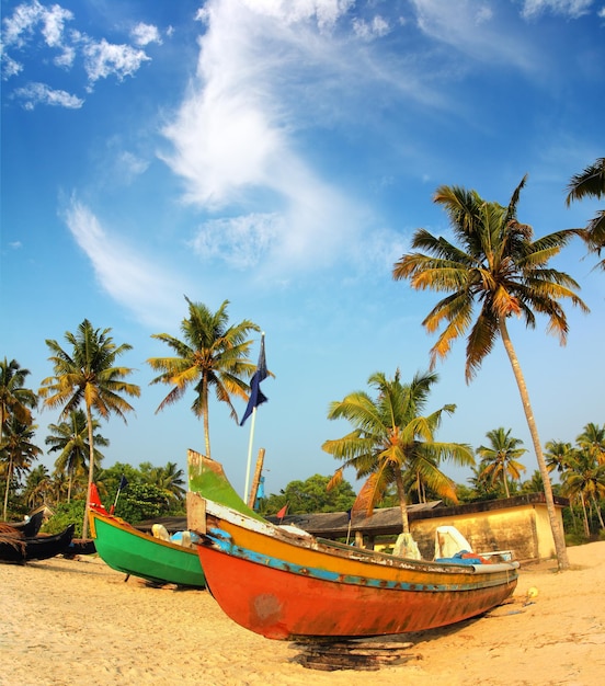 Oude vissersboten op strand in India