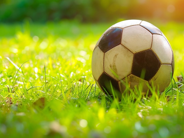 Foto oude voetbalbal op zonnig gras