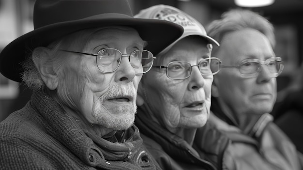 Oude vrienden delen een moment samen in zwart-wit