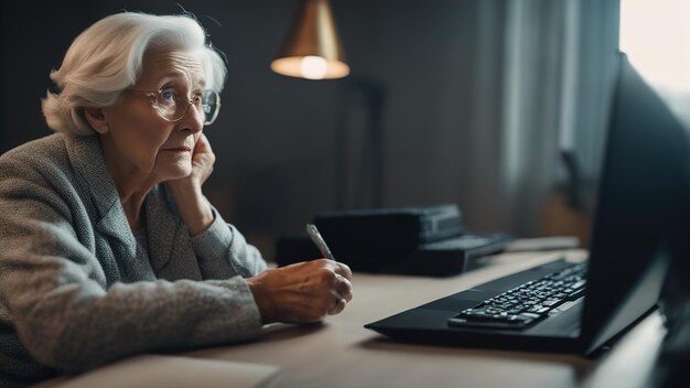 Oude vrouw die achter de computer zit, weet niet wat ze moet doen, verwarde paniekerige tranen in haar ogen