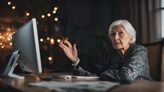 Oude vrouw die achter de computer zit, weet niet wat ze moet doen, verwarde paniekerige tranen in haar ogen