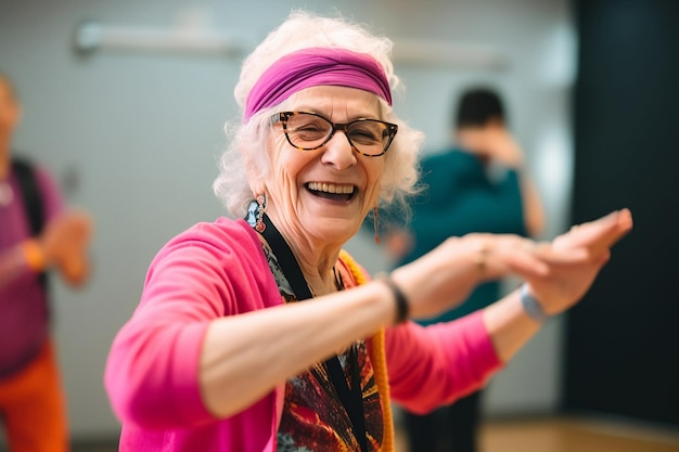 Oude vrouw die danst in de balzaal, blij lacht en een lint in haar haar draagt