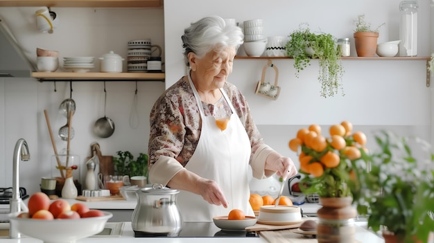 Oude vrouw die eten bereidt in de keuken