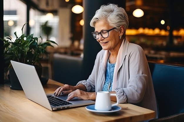 Oude vrouw die op laptopcomputer werkt in café aan tafel