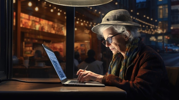 oude vrouw die werkt met laptop in café