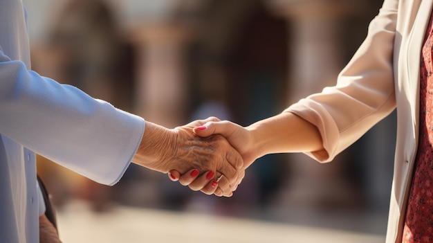 Oude vrouw en jonge vrouw hand in hand