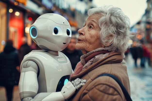 Foto oude vrouw met een baby robot als een babyai