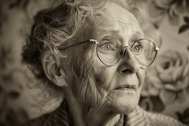 Foto oude vrouw met een bril die naar de camera kijkt