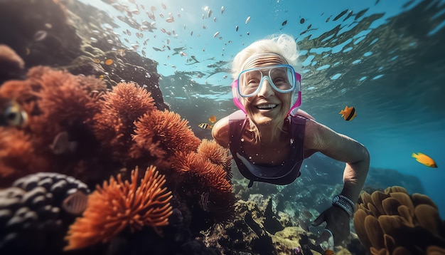 oude vrouw met een masker om te snorkelen in de zee in de buurt van koralen