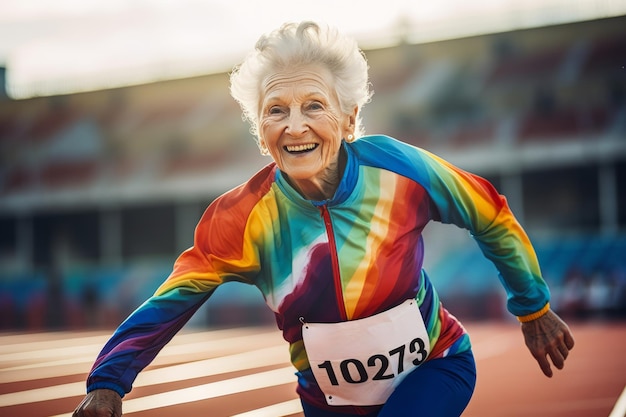 oude vrouwelijke atleet loopt tijdens kampioenschap gezonde levensstijl