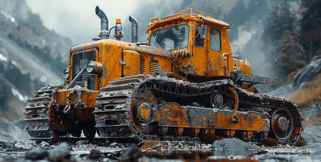 Foto oude vuile gele bulldozer in de bergen.