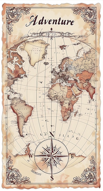 Foto oude wereldkaart postkaart met ingewikkeld kompas roze rand illustratie vintage postkaart decoratief