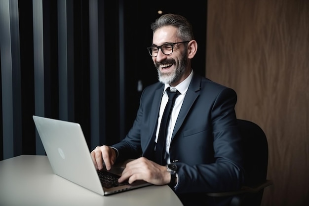 Oude zakenman in een pak met een grote glimlach terwijl hij op zijn laptop in het café werkt