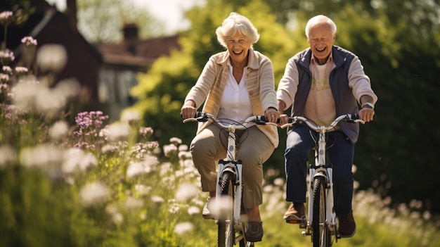 Ouder echtpaar fietsen schilderachtig landschap helm glimlacht oefening