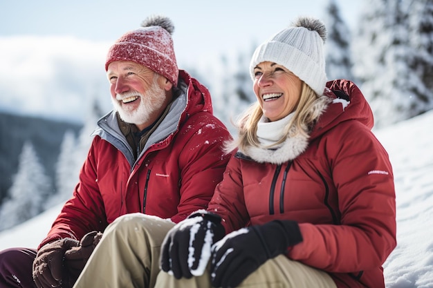 Ouder echtpaar geniet van de sneeuw tijdens de wintervakantie AI Generated