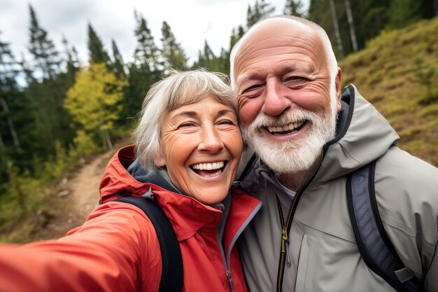 Ouder echtpaar maakt selfie tijdens een wandeling in de natuur