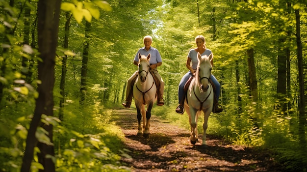 Foto ouder echtpaar rijdt op paarden door een bospad.