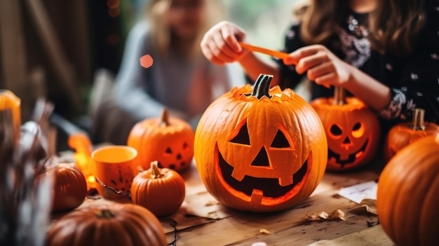 Ouder met kleine kinderen bereidt zich voor op de Halloween-vakantie moeder's handen met kinderen