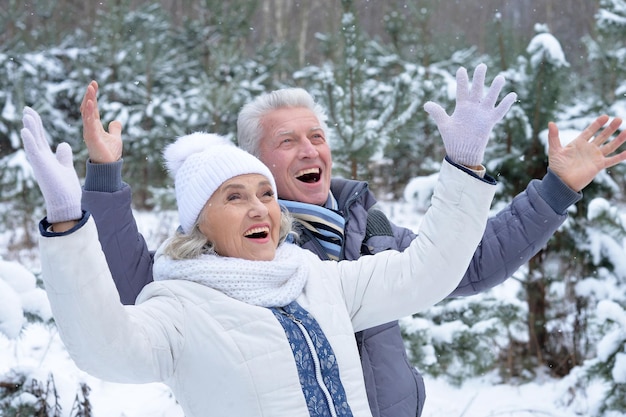 Ouder paar gelukkig samen poseren buiten in de winter