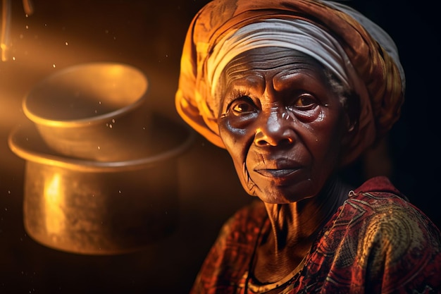 oudere Afrikaanse vrouw haar gezicht gegraveerd met lijnen van ontbering die een bijna lege watercontainer vasthoudt