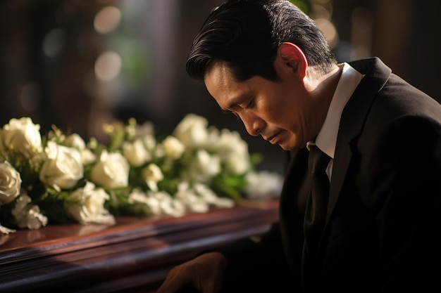 Oudere Aziatische man met begrafenis verdriet en bloemen in de kerk