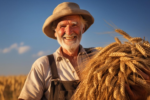 Oudere boer in het midden van een gouden tarweveld