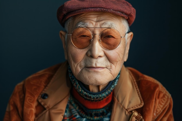 Oudere Chinese man ziet er jeugdig uit in studio portret met trendy kleding en accessoires met zonnebril en pet