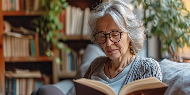 Oudere dame geniet van een drankje terwijl ze thuis leest