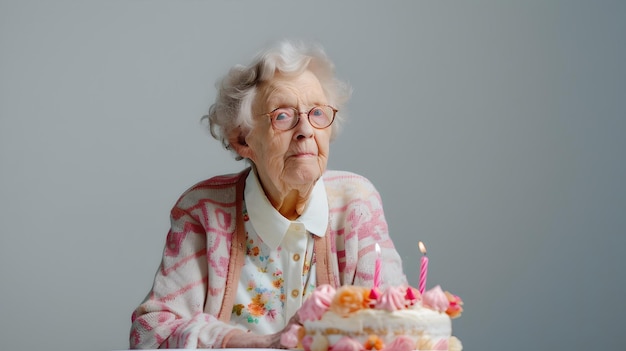 Oudere dame met een verjaardagstaart die zich voorbereidt op het vieren van een zoet moment van vreugde hedendaagse levensstijl portret AI