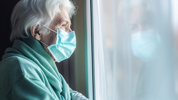 Oudere dame met masker kijkt verdrietig uit het raam.