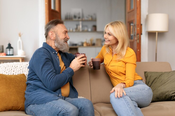 Oudere echtgenoten drinken koffie praten zitten met bekers thuis