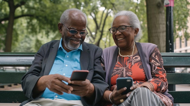 oudere echtpaar zit op een bankje in het park, verdiept in hun smartphones, glimlacht en gebruikt hun gadgets