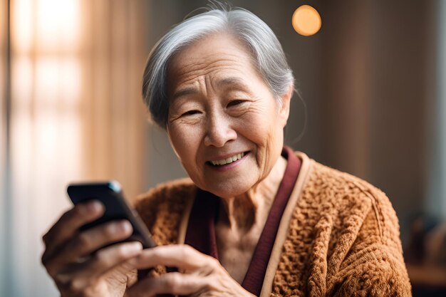 Oudere gelukkige Aziatische vrouw kijkt in een smartphone op een witte achtergrond